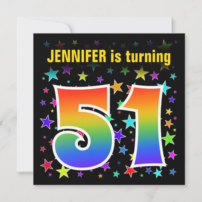 Colourful Stars + Rainbow Pattern "51" Birthday # Invitation (Front)