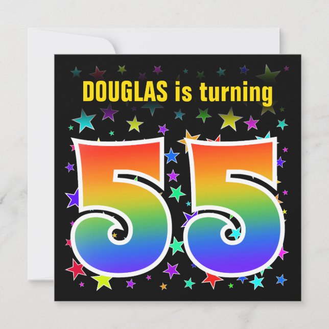 Colourful Stars + Rainbow Pattern "55" Birthday # Invitation (Front)