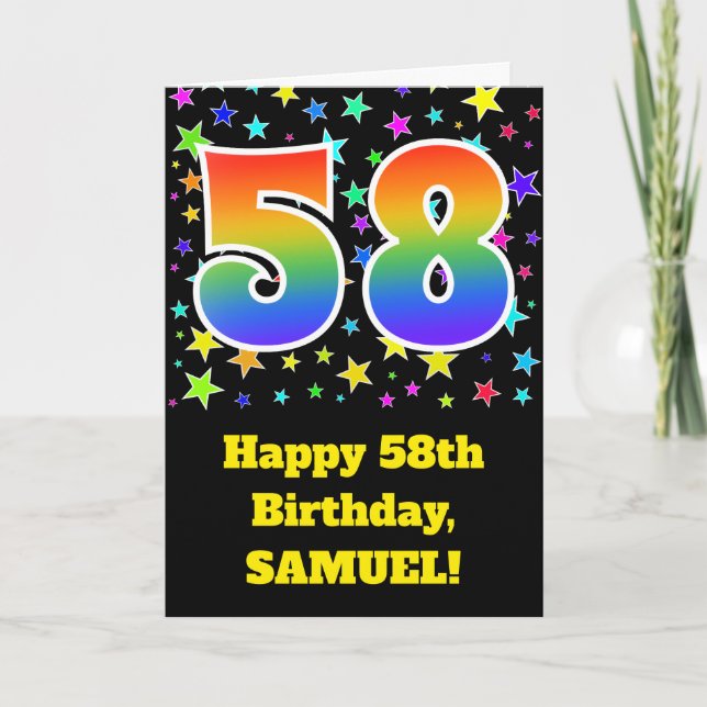 Colourful Stars + Rainbow Pattern "58" Birthday # Card (Front)