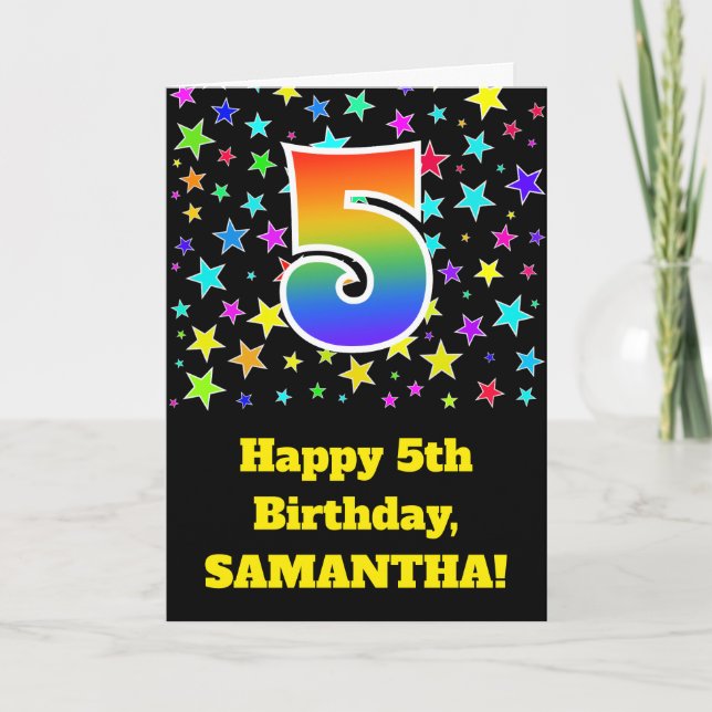 Colourful Stars + Rainbow Pattern "5" Birthday # Card (Front)