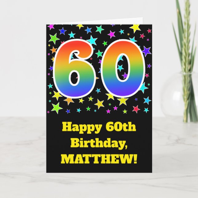 Colourful Stars + Rainbow Pattern "60" Birthday # Card (Front)