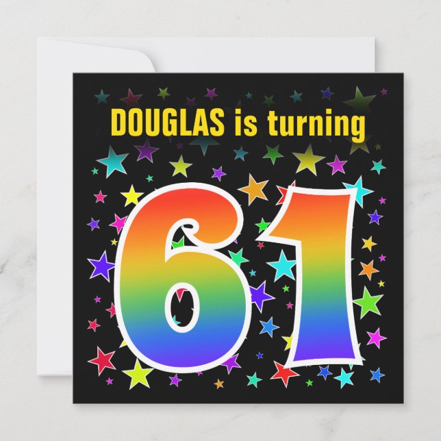 Colourful Stars + Rainbow Pattern "61" Birthday # Invitation (Front)
