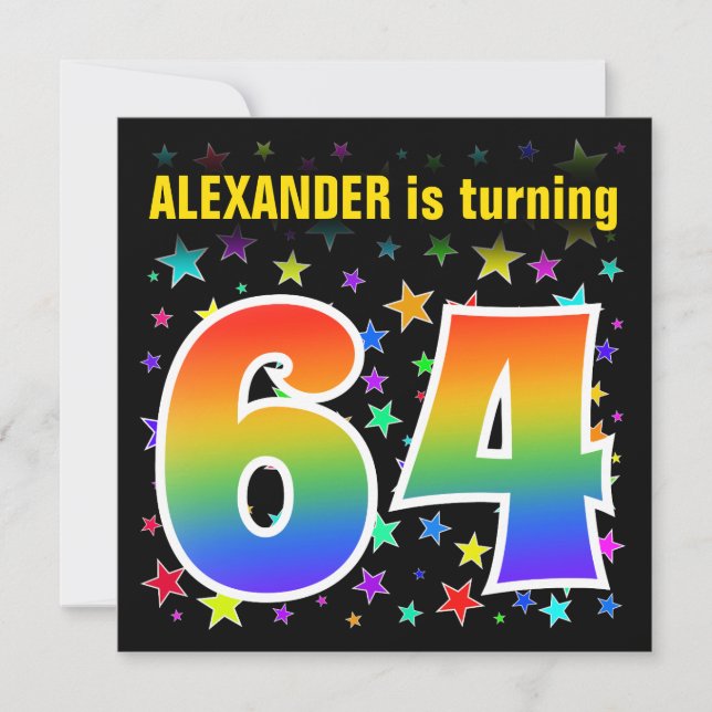 Colourful Stars + Rainbow Pattern "64" Birthday # Invitation (Front)