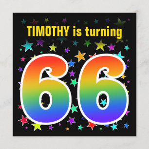 Colourful Stars + Rainbow Pattern "66" Birthday # Invitation