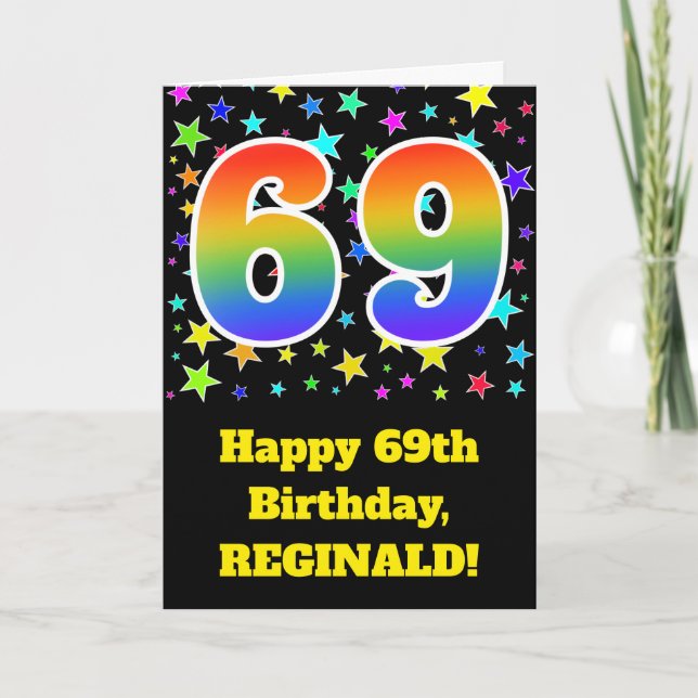 Colourful Stars + Rainbow Pattern "69" Birthday # Card (Front)
