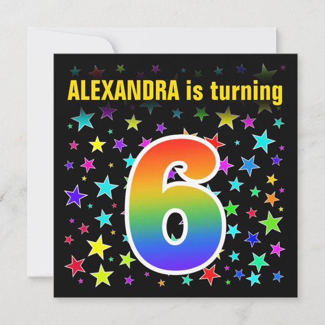 Colourful Stars + Rainbow Pattern "6" Birthday # Invitation (Front)