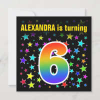 Colourful Stars + Rainbow Pattern "6" Birthday #