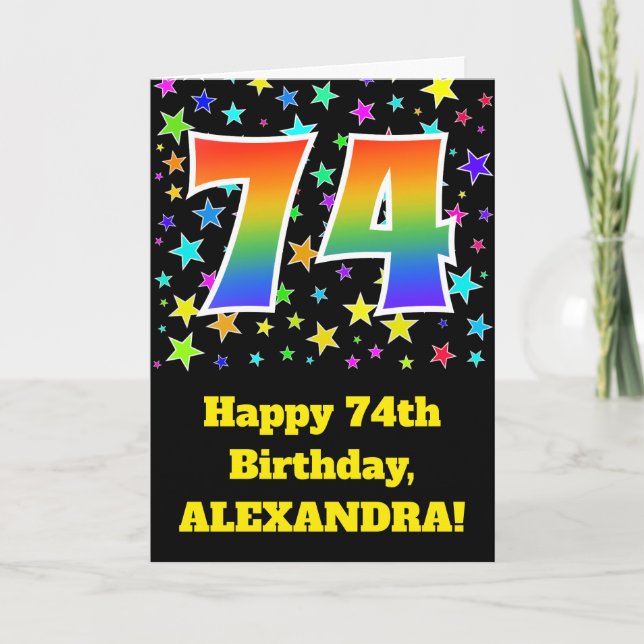 Colourful Stars + Rainbow Pattern "74" Birthday # Card (Front)