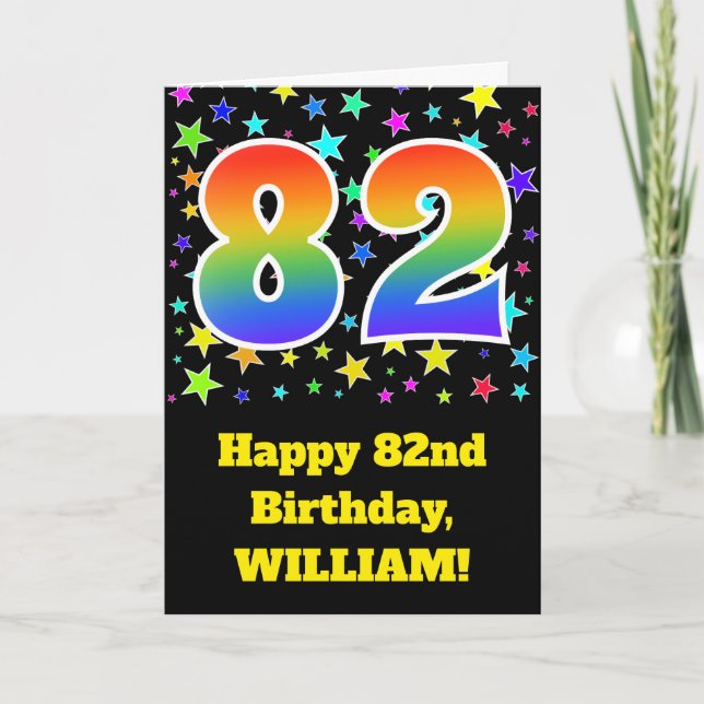 Colourful Stars + Rainbow Pattern "82" Birthday # Card (Front)