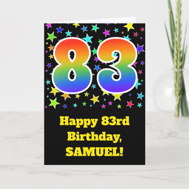 Colourful Stars + Rainbow Pattern "83" Birthday # Card (Front)