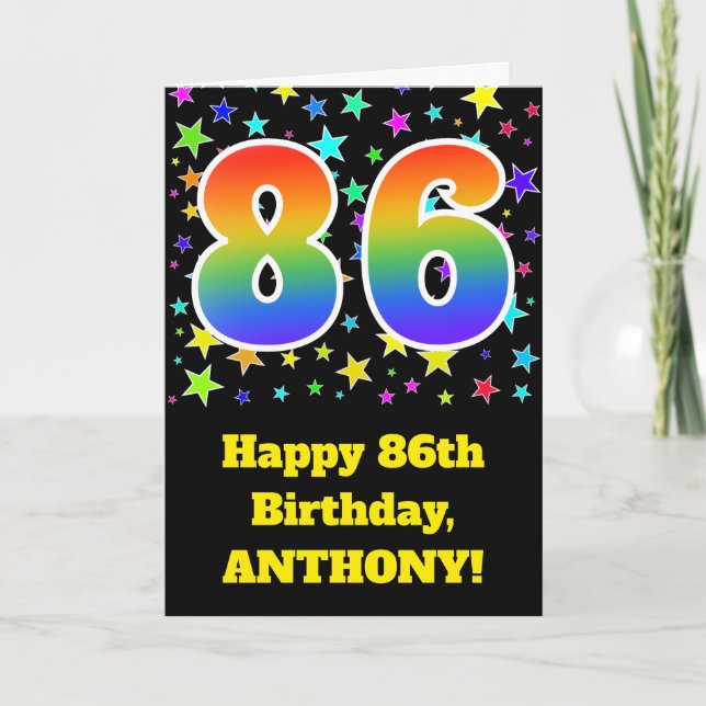 Colourful Stars + Rainbow Pattern "86" Birthday # Card (Front)