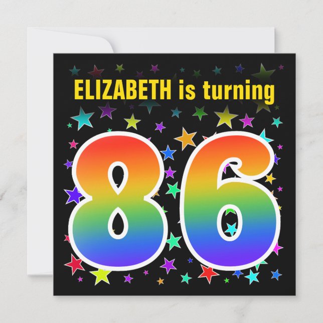 Colourful Stars + Rainbow Pattern "86" Birthday # Invitation (Front)