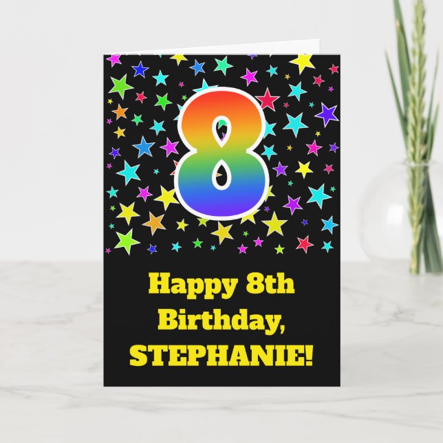 Colourful Stars + Rainbow Pattern "8" Birthday # Card (Front)