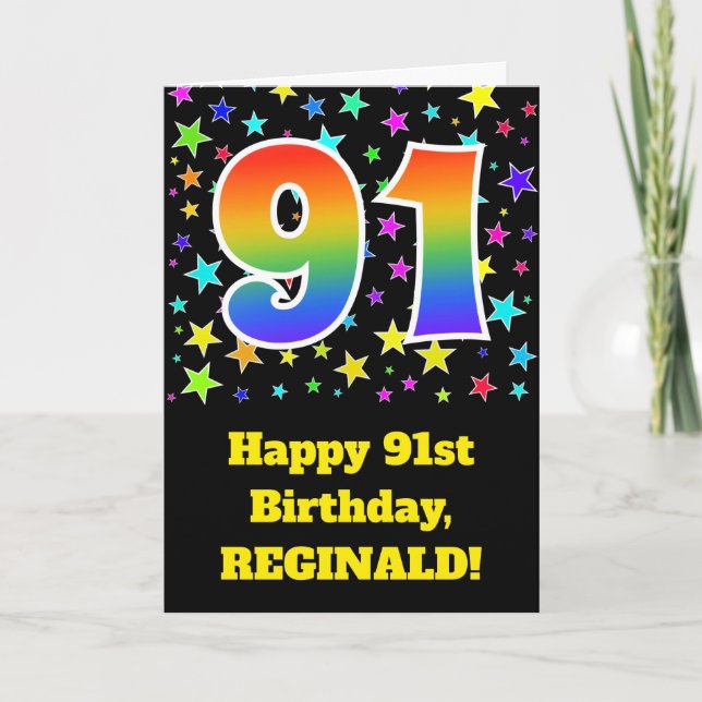 Colourful Stars + Rainbow Pattern "91" Birthday # Card (Front)