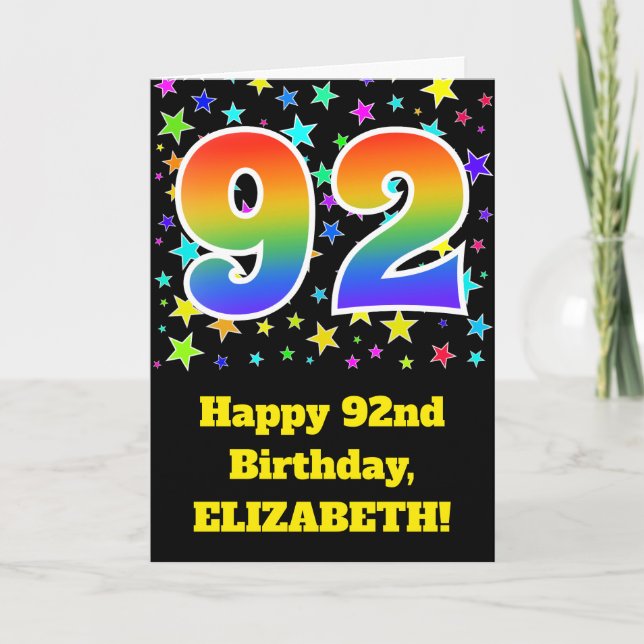 Colourful Stars + Rainbow Pattern "92" Birthday # Card (Front)