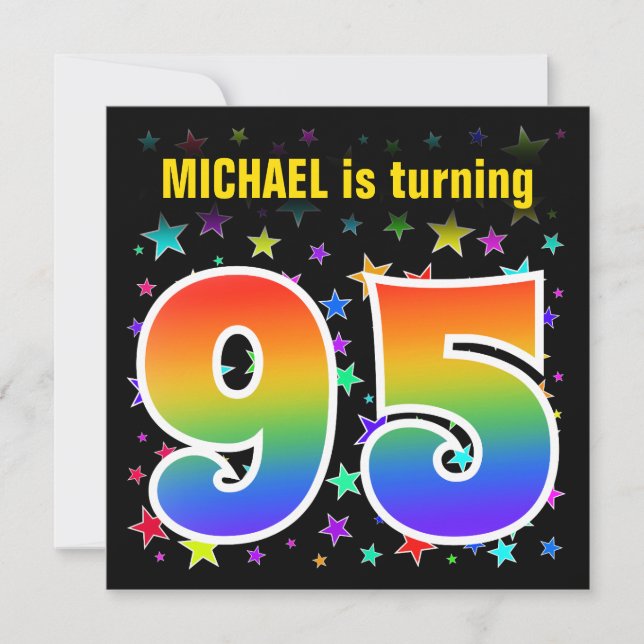 Colourful Stars + Rainbow Pattern "95" Birthday # Invitation (Front)