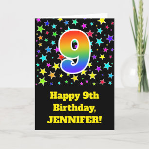 Colourful Stars + Rainbow Pattern "9" Birthday # Card
