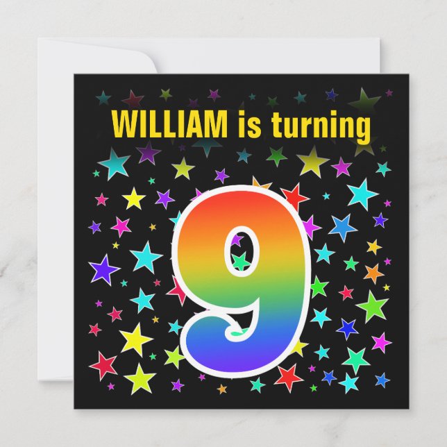 Colourful Stars + Rainbow Pattern "9" Birthday # Invitation (Front)
