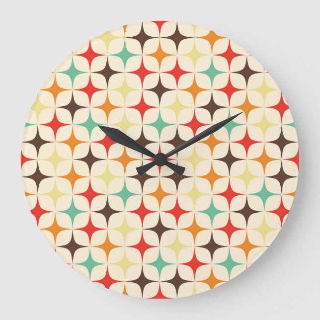 Colourful Stars Retro Geometric Pattern Large Clock (Front)