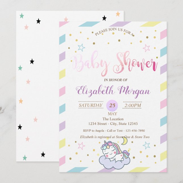 Colourful Stars, Unicorn  Baby Shower Invitation (Front/Back)