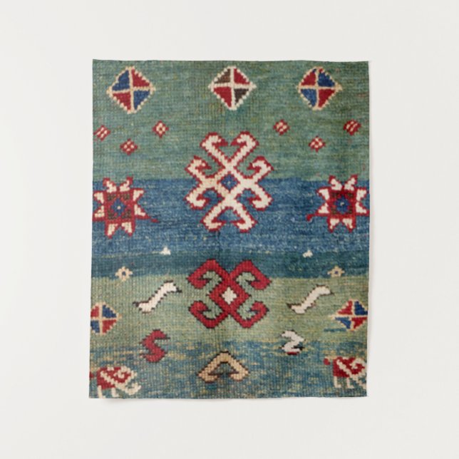 Colourful Steel Blue Light Green Chequered  Tapestry (Front)