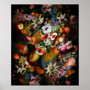 Colourful Still Life With Fruit and Flowers Poster