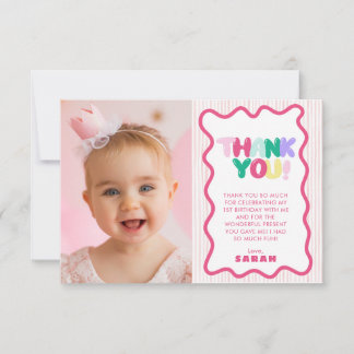 Colourful Stiped 1st Birthday Thank You Card Photo