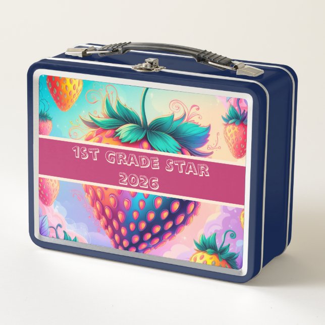 Colourful strawberry 1st grade star 2025 metal lunch box (Front)