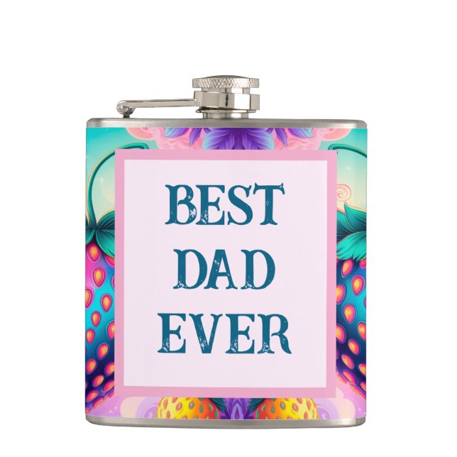 Colourful strawberry with Best Dad Ever Hip Flask (Front)