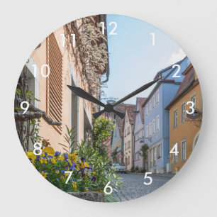 Colourful street in Rothenburg ob der Tauber Large Clock