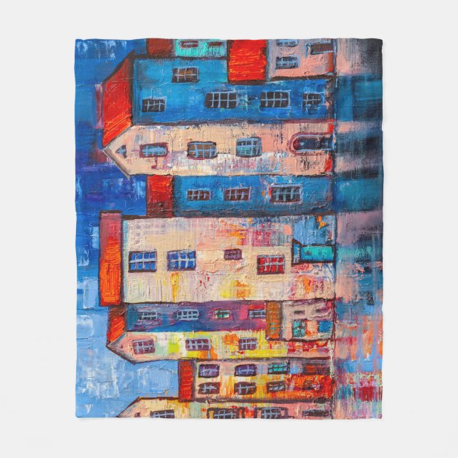 Colourful Street Panorama Impressionist Art Fleece Blanket (Front)