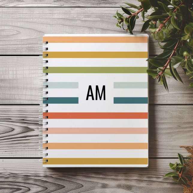 Colourful Stripe Monogram Notebook (Colorful rainbow stripes monogram initials notebook.)