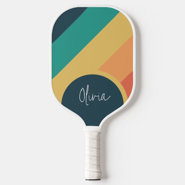 Colourful Stripe Pastel Rainbow Colour Script Name Pickleball Paddle (Front)