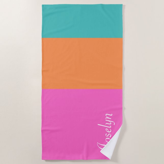 Colourful Stripe Pattern with Name Minimalist Beach Towel (Front)