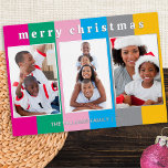 Colourful Striped 3 Photo Collage Merry Christmas Foil Holiday Card<br><div class="desc">Send a bright festive flourish to your friends and family with this colourful Christmas card. On a brightly striped background, the card displays three of your favourite photos in a gallery effect. At the top, the greeting 'Merry Christmas' is in lower case typography with a cool retro appearance. Customize the...</div>