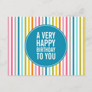 Colourful Striped A Very Happy Birthday To You Car Postcard