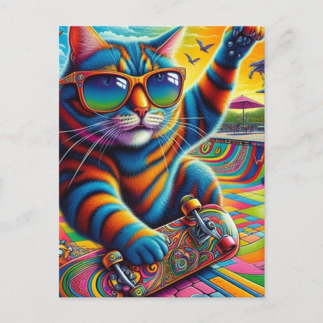 Colourful Striped Cat Skateboarding Postcard (Front)
