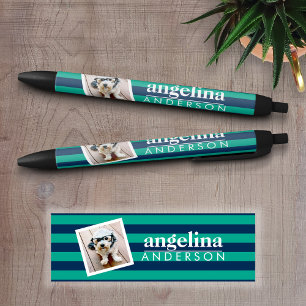 Colourful Striped Pattern Custom Name and Photo Black Ink Pen