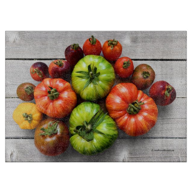 Colourful Striped Tomatoes on Weathered Table Cutting Board (Front)