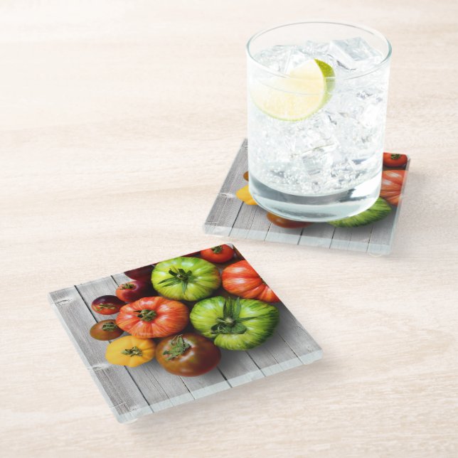 Colourful Striped Tomatoes on Weathered Table Glass Coaster (Angled)