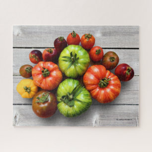 Colourful Striped Tomatoes on Weathered Table Jigsaw Puzzle