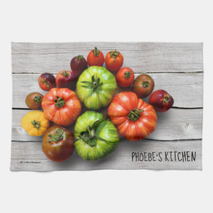 Colourful Striped Tomatoes on Weathered Table Kitchen Towel