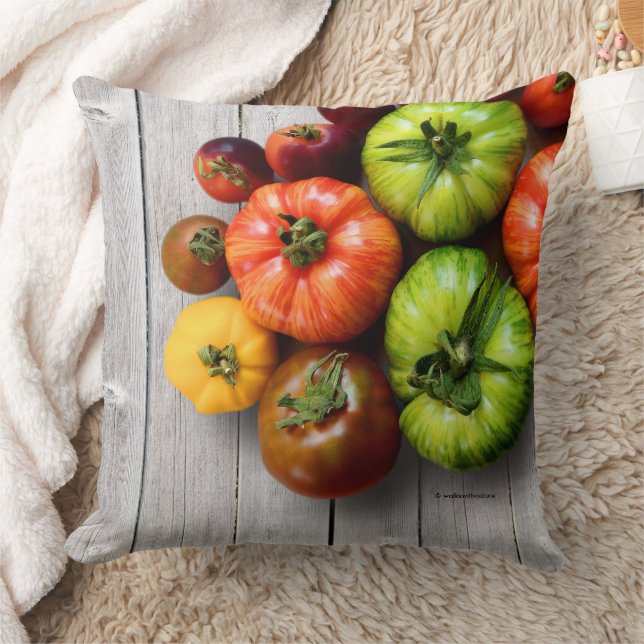 Colourful Striped Tomatoes on Weathered Table Throw Pillow (Blanket)
