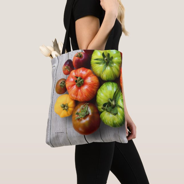 Colourful Striped Tomatoes on Weathered Table Tote Bag (Close Up)