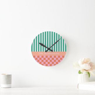 Colourful Stripes and Checks Green Pink Orange Round Clock
