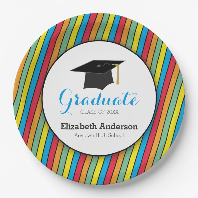Colourful Stripes and Hat Personalized Graduation Paper Plate (Front)