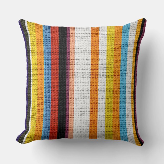 Colourful Stripes Burlap Linen Rustic Jute #4 Throw Pillow (Front)
