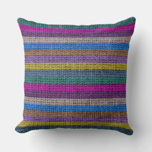 Colourful Stripes Burlap Linen Rustic Jute #5 Throw Pillow