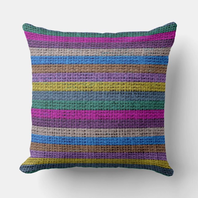 Colourful Stripes Burlap Linen Rustic Jute #5 Throw Pillow (Front)