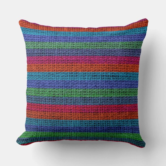 Colourful Stripes Burlap Linen Rustic Jute #6 Throw Pillow (Front)